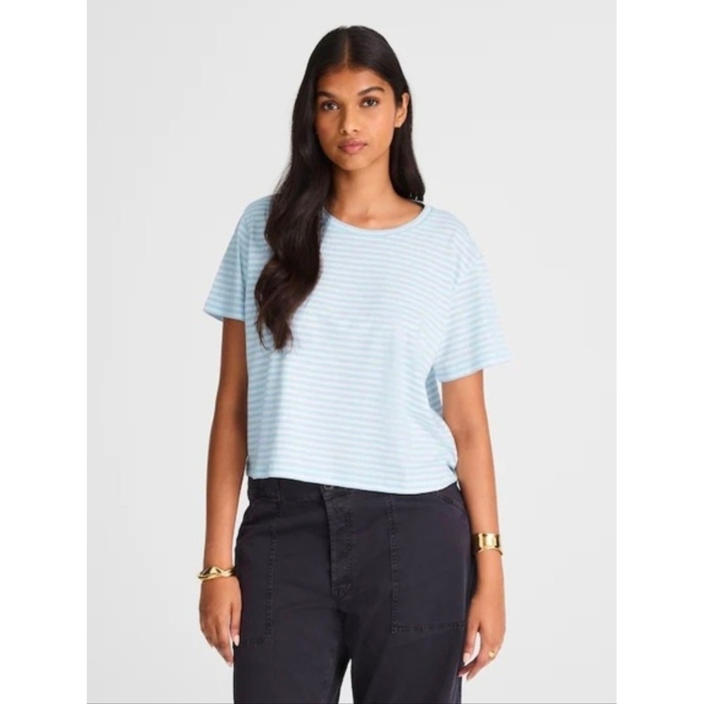 Madewell Easy Crop Crewneck Tee Soft Slub Stripe Shirt XL Blue White Pima Cotton